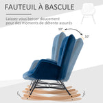 Fauteuil à Bascule, Rocking Chair, fauteuil allaitement confortable avec Structure en bois massif et métal pour Salon, Chambre, Balcon, Velours Bleu