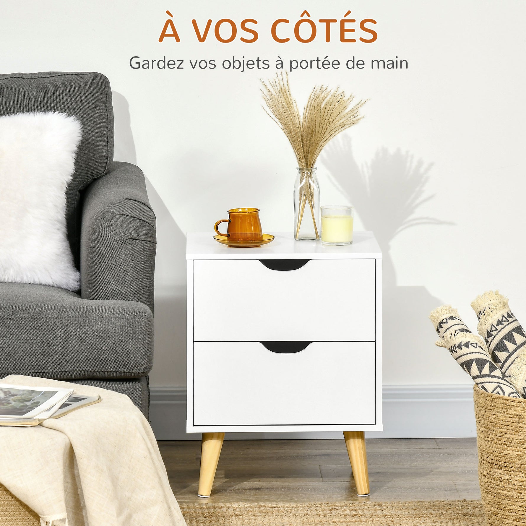 Table de chevet table de nuit avec 2 tiroirs, style scandinave pour chambre à coucher, salon, 40 x 35 x 50,5 cm, blanc