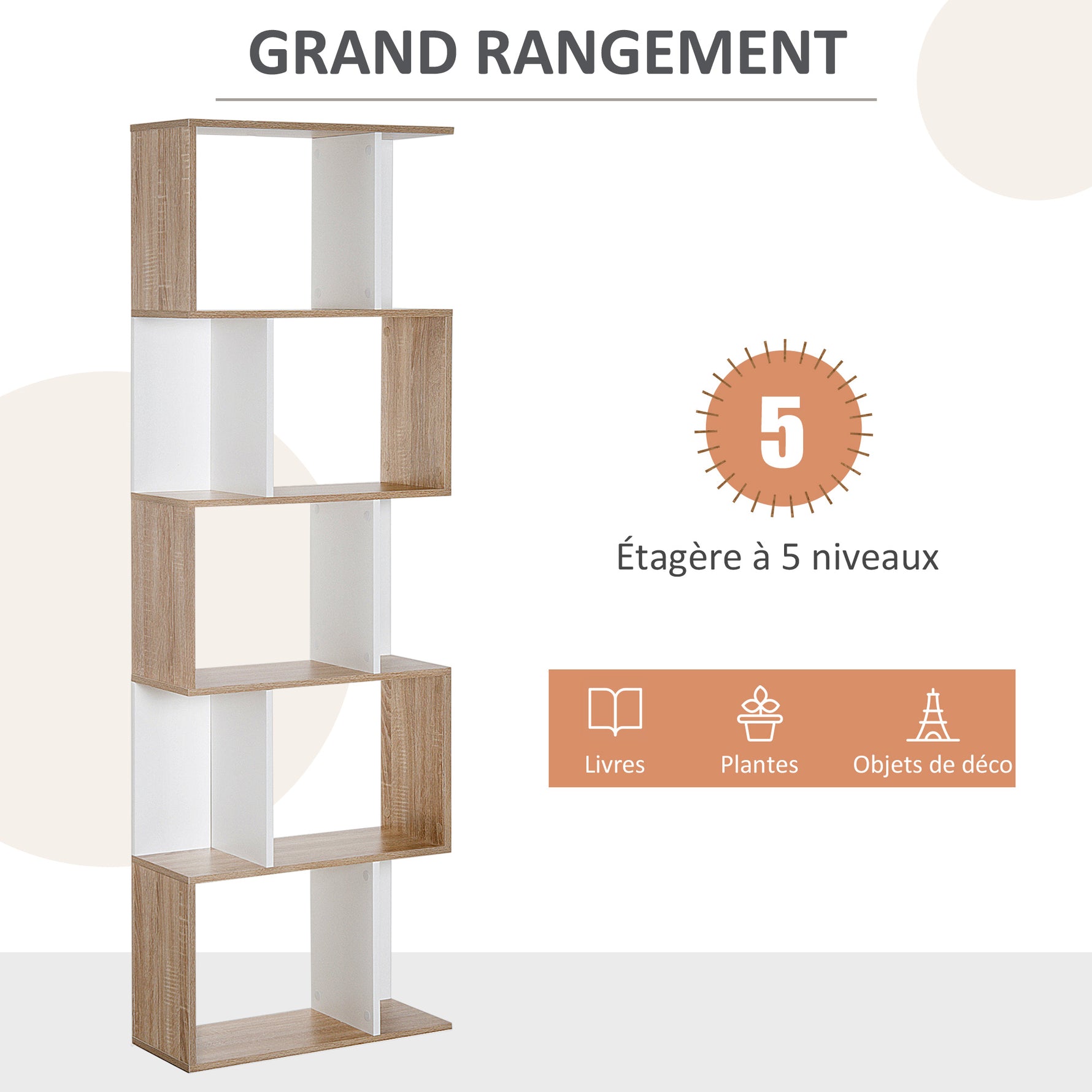 Bibliothèque à 5 niveaux, meuble de rangement en forme de S avec étagères, étagère de rangement blanc