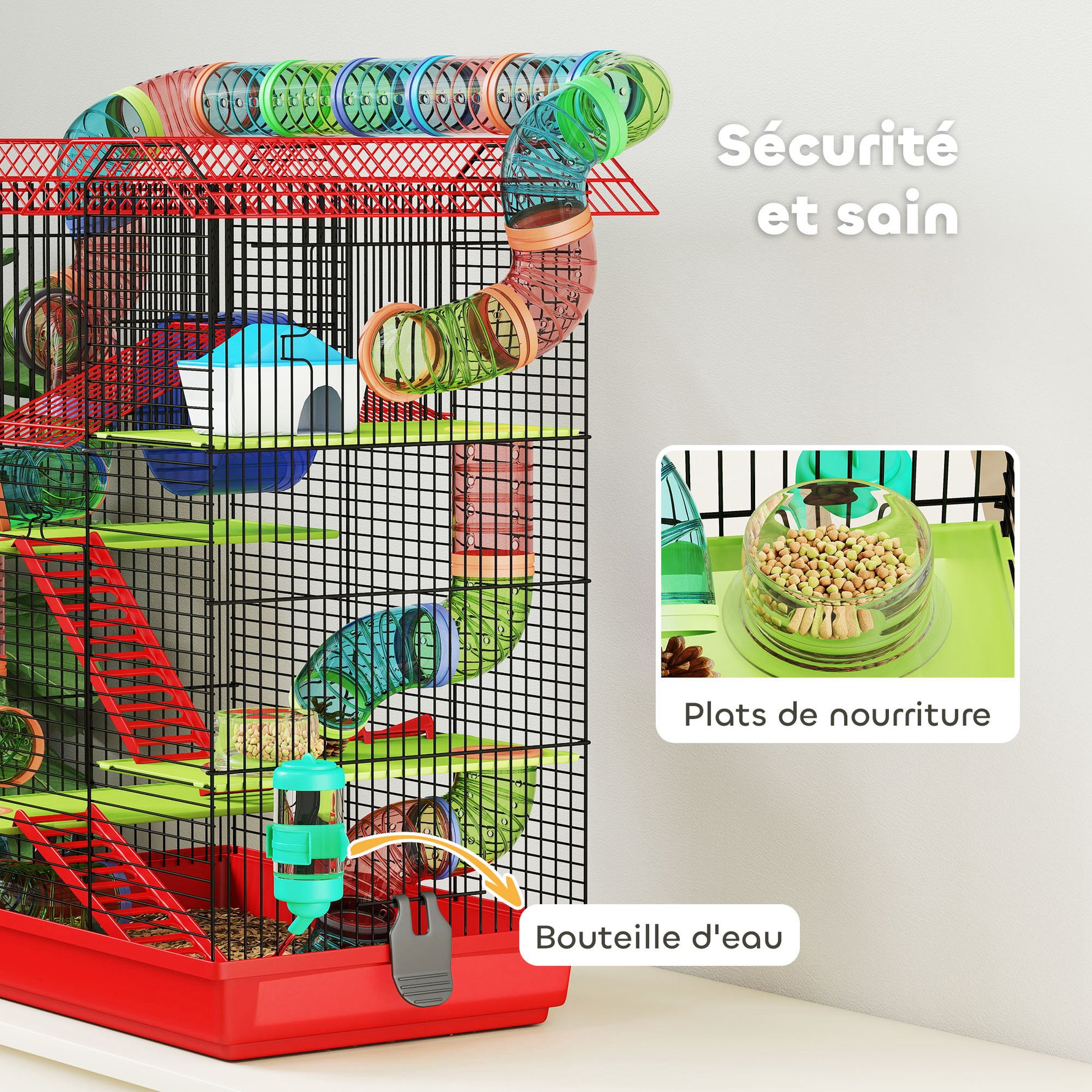 Cage pour hamster souris petit animaux rongeur avec tunnel mangeoire roue jouet 47 x 30 x 59 cm rouge