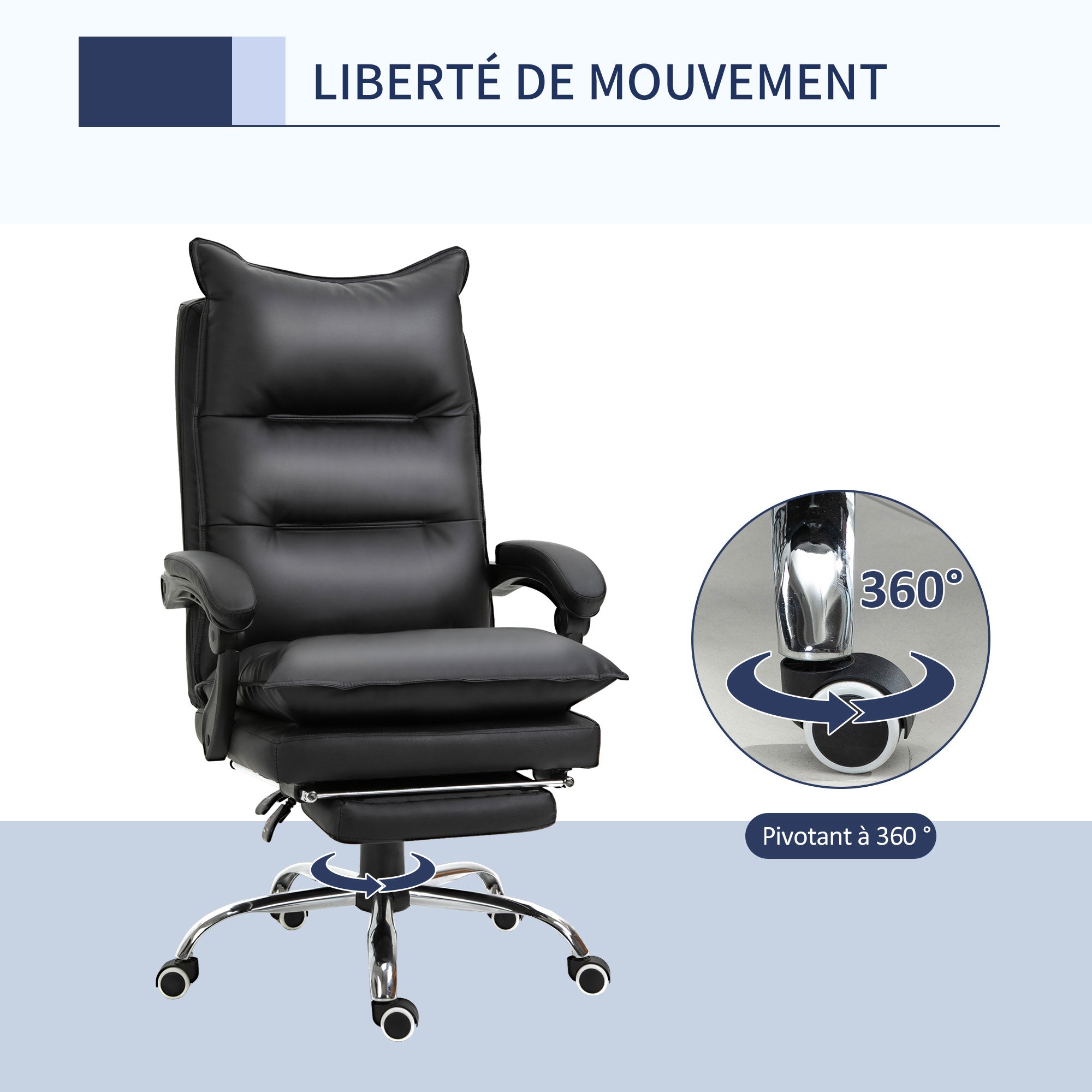 Office chair, ergonomic faux leather office chair with large padded seat, reclinable backrest, adjustable height, integrated armrests and footrest, 135 kg capacity, black
