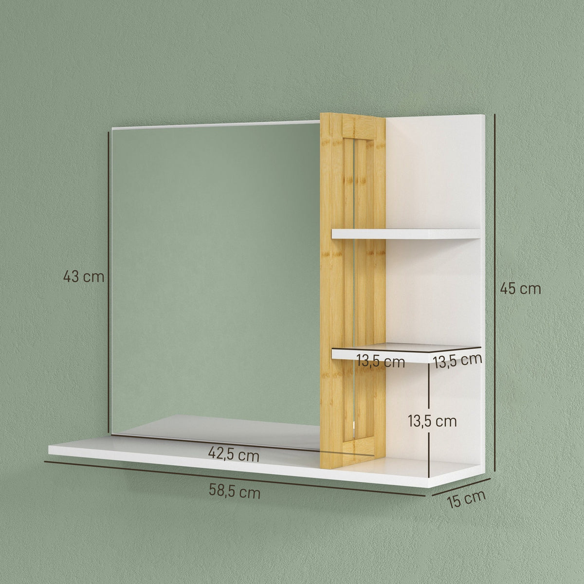 Miroir mural de salle de bain avec 3 étagères latérales 1 étagère inférieure en bambou 45 x 15 x 58,5 cm blanc