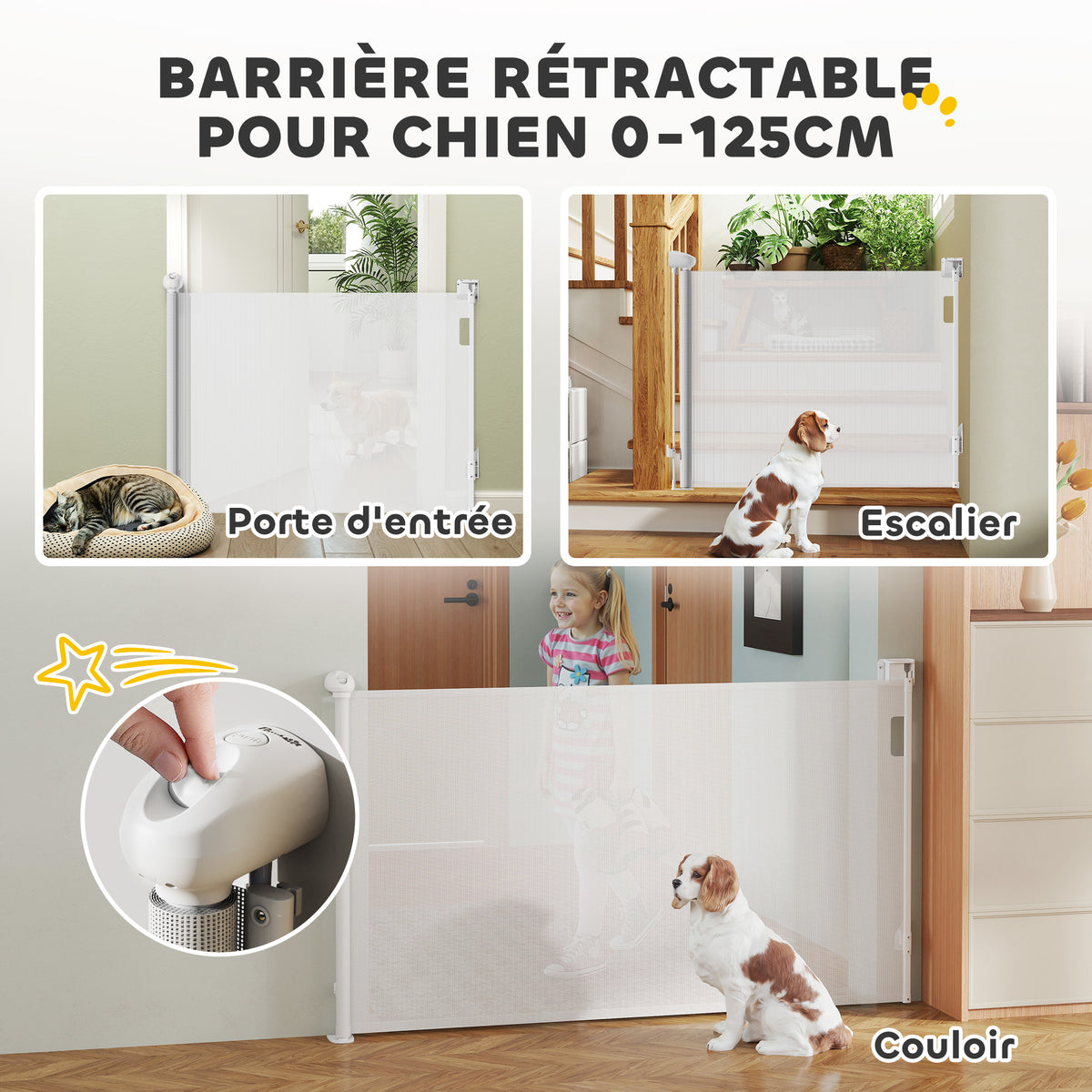 Barrière rétractable pour chien largeur 149 cm verrouillage automatique - blanc