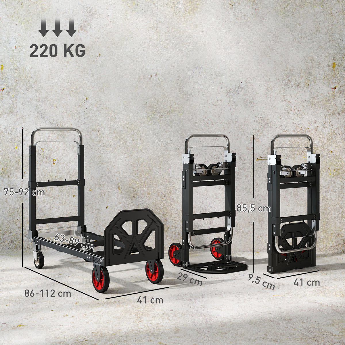 2-en-1 Orga erabilgarria, 220 kg-ko karga-ahalmena, tolesgarria, altzairuzko plataforma-orga, helduleku erregulagarria, 360°-ko gurpilak, 112x41x92 cm, beltza