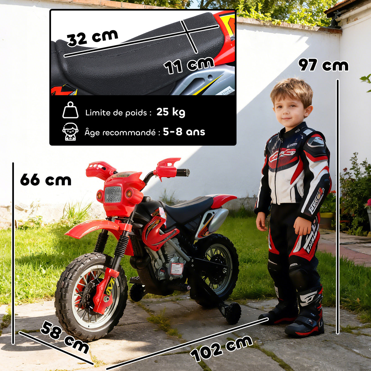 Moto Cross électrique Enfant 3 à 6 Ans 6 V phares klaxon musiques 102 x 58 x 66 cm Rouge et Noir