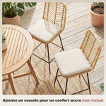 Lot de 2 tabourets de bar design bohème Hauteur 66 cm avec repose-pieds métal et rotin PE - naturel