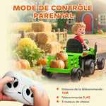 Tracteur électrique enfants avec remorque amovible, voiture électrique enfants, télécommande 2,4G, 139x58x55cm, vert