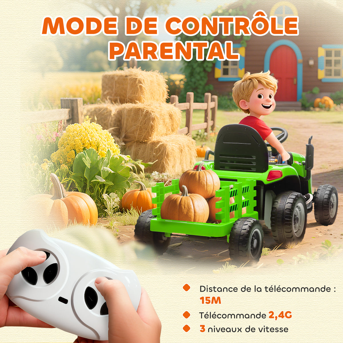 Tracteur électrique enfants avec remorque amovible, voiture électrique enfants, télécommande 2,4G, 139x58x55cm, vert