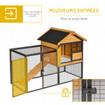 Clapier cage à lapins cottage - niche supérieure avec rampe et enclos extérieur - plateau excrément, fenêtre, 2 portes verrouillables - métal époxy sapin pré-huilé
