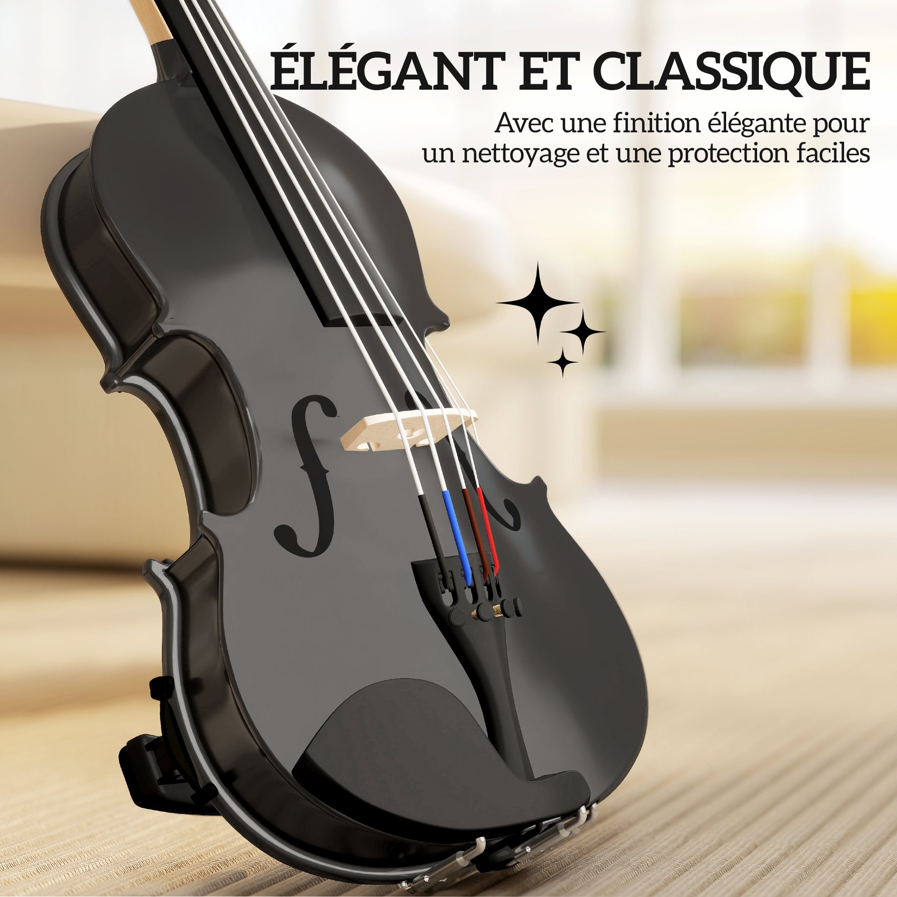 Violon 4/4 Ensemble de Violon en Bois Massif pour Adultes et Débutants avec Étui Léger et Portable 60 x 21 cm Noir