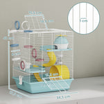 Cage hamster, cage rongeur à 3 niveaux, avec roue d'exercice, tunnel de jeu, gamelle, cabane, 34,5 x 27,5 x 41 cm, bleu