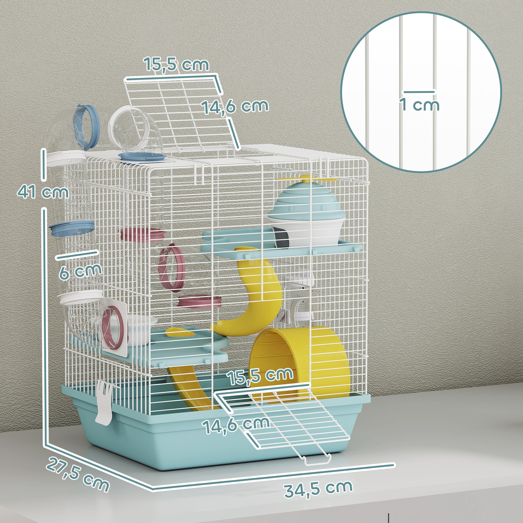 Cage hamster, cage rongeur à 3 niveaux, avec roue d'exercice, tunnel de jeu, gamelle, cabane, 34,5 x 27,5 x 41 cm, bleu