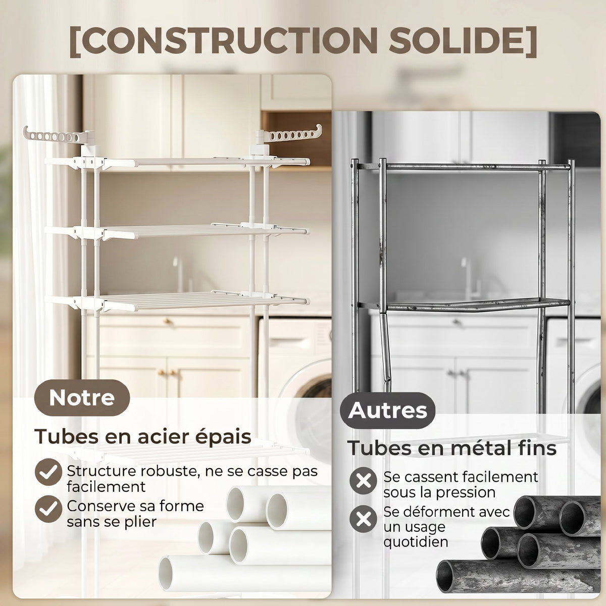 Séchoir à linge pliable 4 niveaux avec roulettes, étendoir linge intérieur avec ailes latérales, cadre en acier, blanc