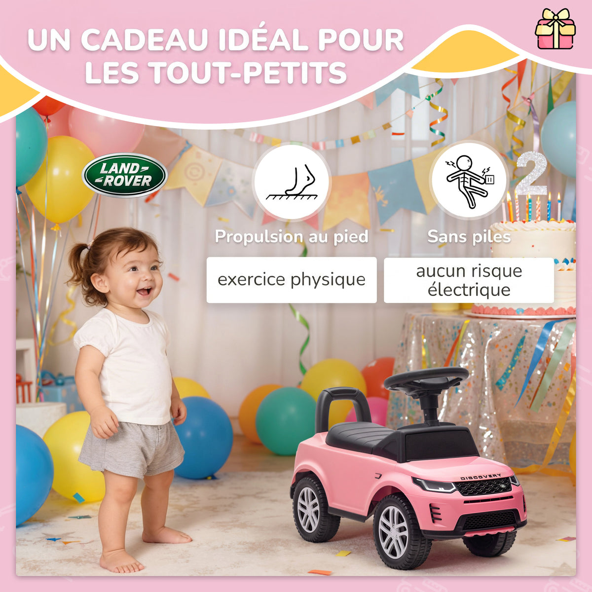 Porteur enfants voiture sous licence Land Rover, véhicule à pousser, klaxon, sons de moteur, rangement sous siège, rose