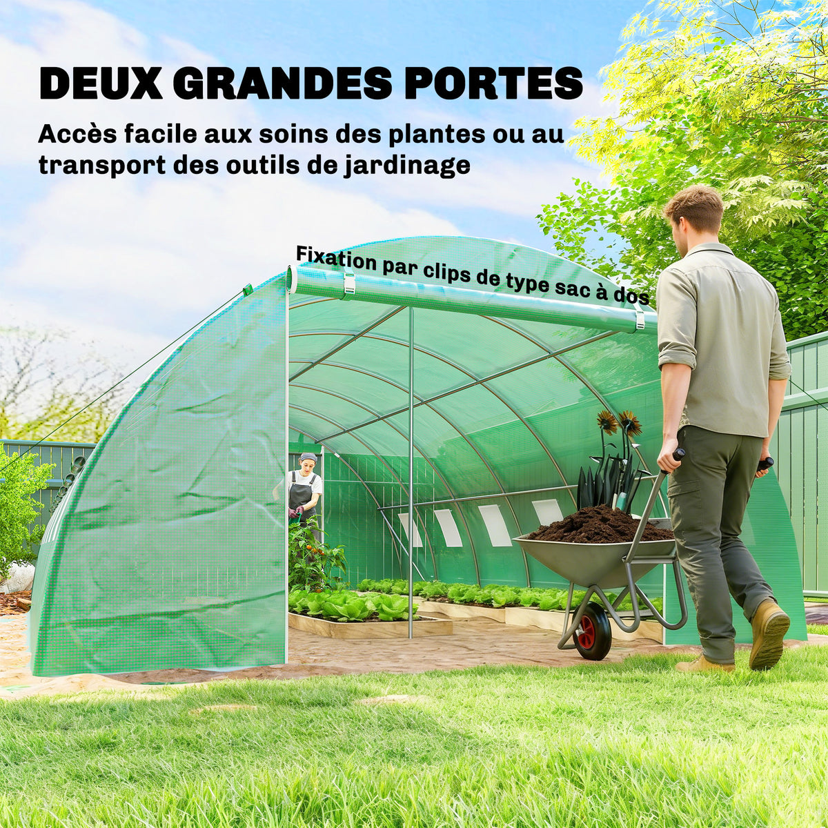 Serre Tunnel de Jardin Serre Maraîchère Acier Galvanisé Ø25mm et Structure Renforcée 395x595x199cm Vert