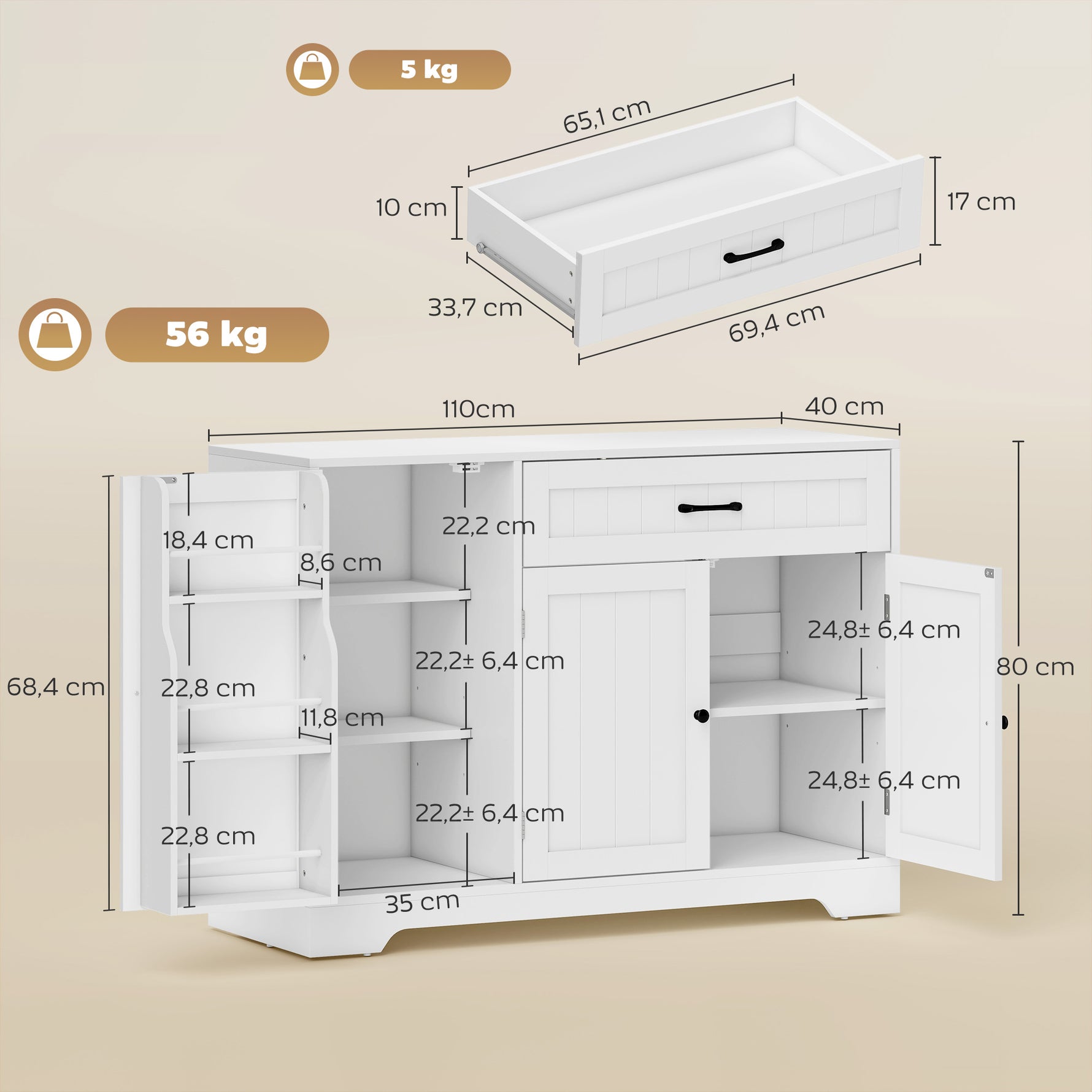 Buffet cuisine, meuble de rangement avec tiroir, 3 portes à fermeture douce, racks-porte et étagères réglables, blanc