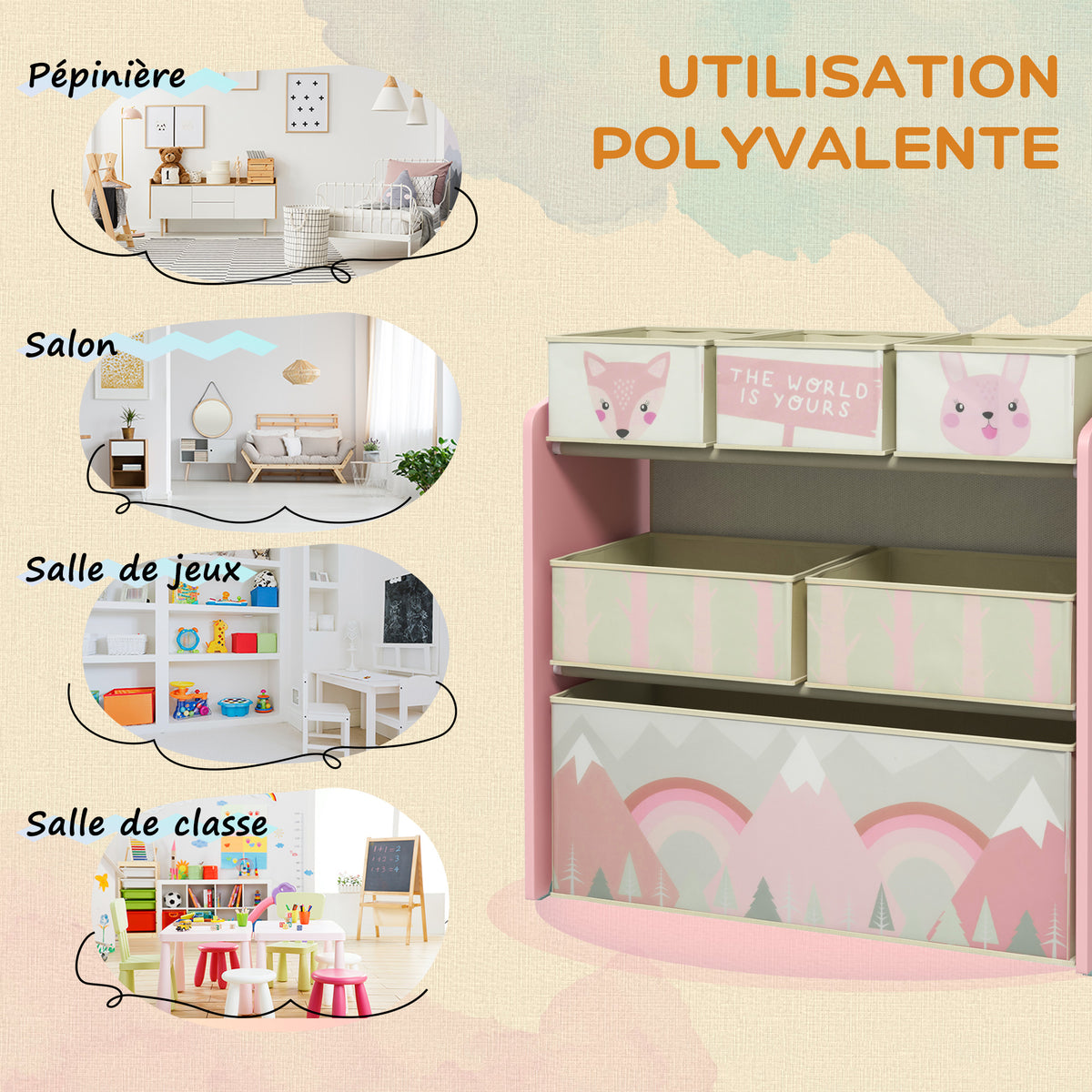 Doppelseitige Staffelei mit Papierrolle, 2 Körben + Spielzeugschrank mit 6 Aufbewahrungsboxen, 63 x 30 x 66 cm, rosa