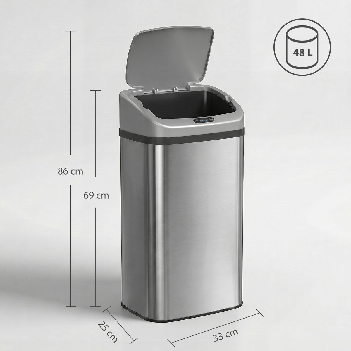 Poubelle de cuisine automatique 48L en acier inoxydable, couvercle à fermeture en douceur, 33x25x69cm, argent