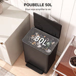Poubelle cuisine 50L, poubelle à pédale, seau intérieur amovible, couvercle à fermeture douce, 41,7x36,6x62cm, noir