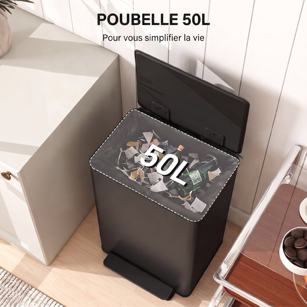 Poubelle cuisine 50L, poubelle à pédale, seau intérieur amovible, couvercle à fermeture douce, 41,7x36,6x62cm, noir