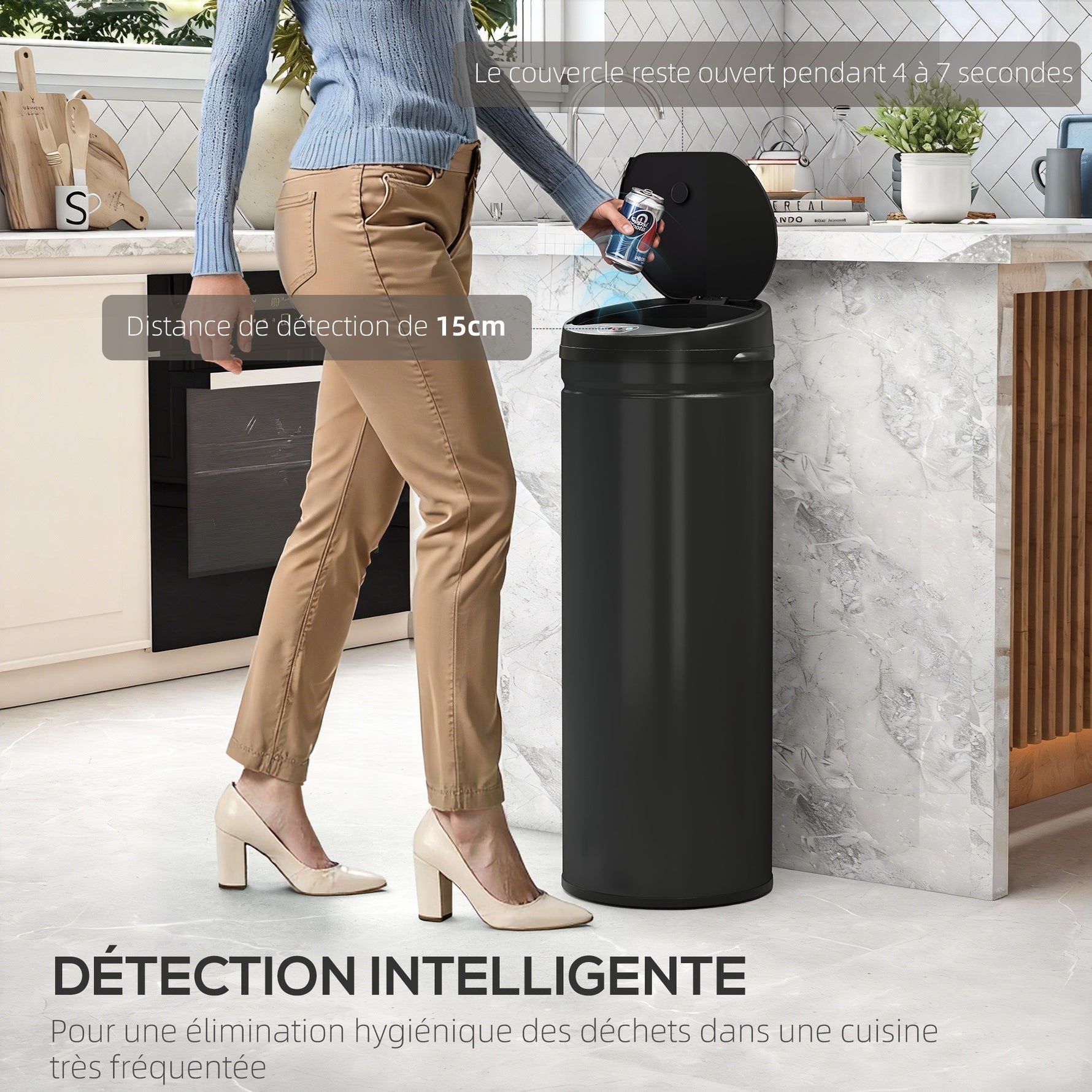Poubelle cuisine automatique 50L acier inoxydable, poubelle à couvercle à fermeture en douceur, 30,5x30,5x85cm, noir