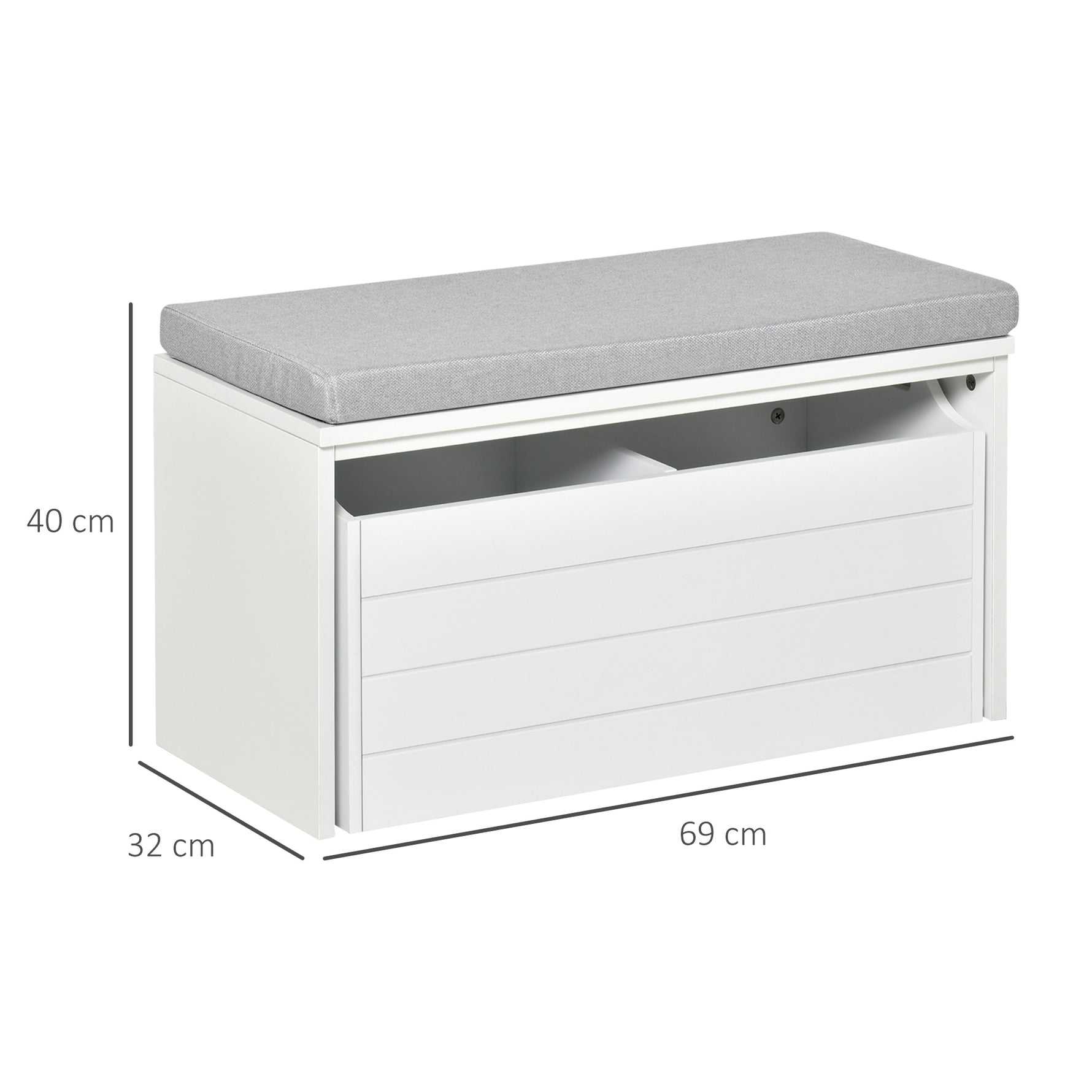 Banc de Rangement avec Coussin Gris - Meuble à Chaussures - Banc à Chaussures avec Grand tiroir Double Compartiment - MDF Blanc