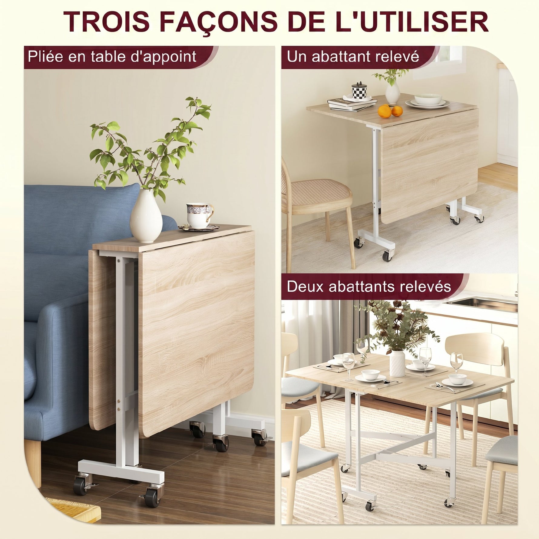 Table à Manger Pliante sur Roulettes pour 4-6 Personnes 120 cm, Roues avec Freins, 2 Abattants, Style Industriel, Chêne
