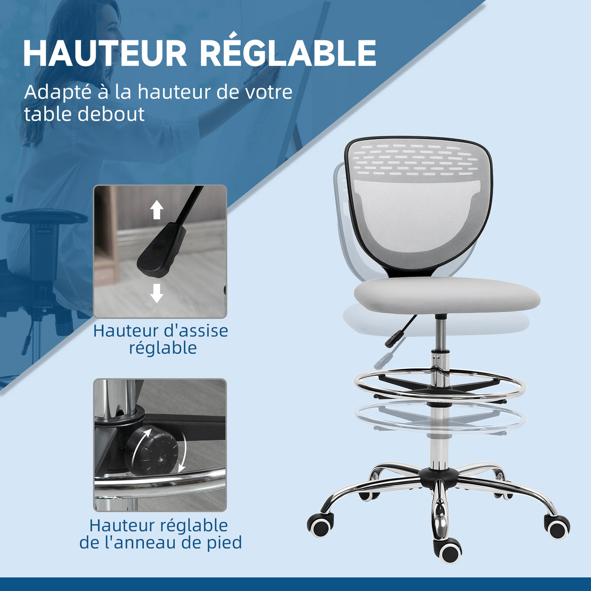 Chaise de bureau ergonomique en maille, chaise de dessin, hauteur et repose-pieds réglable, 59 x 59 x 106-126 cm, gris