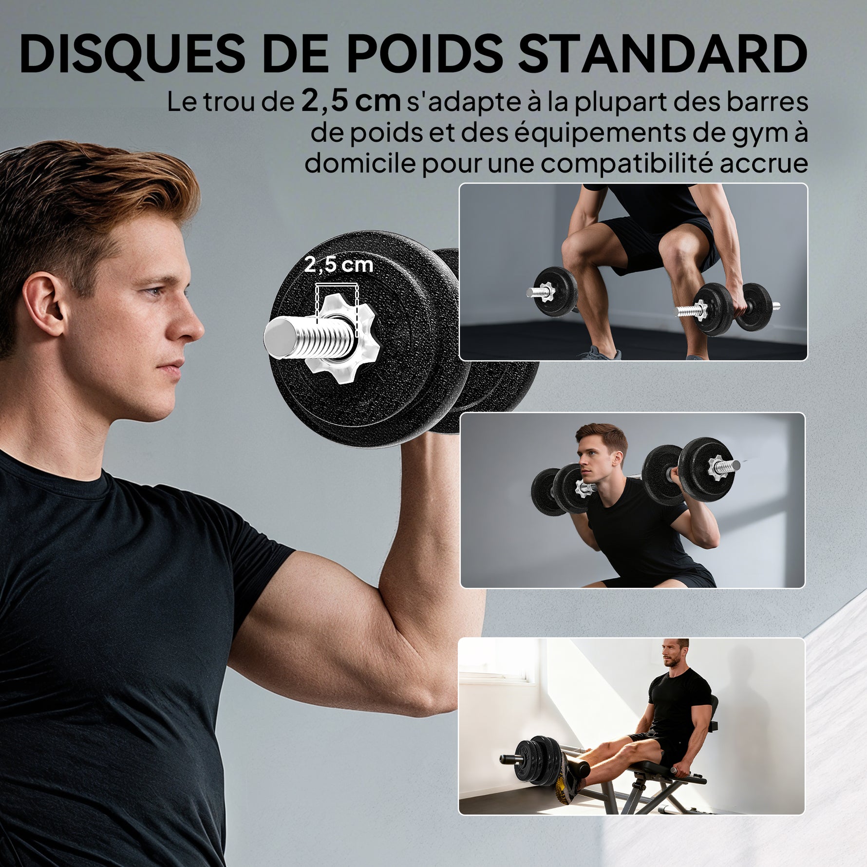 Ensemble d'haltères 2-en-1 20kg poids réglable kit haltères musculation barre d'extension poignée antidérapante noir