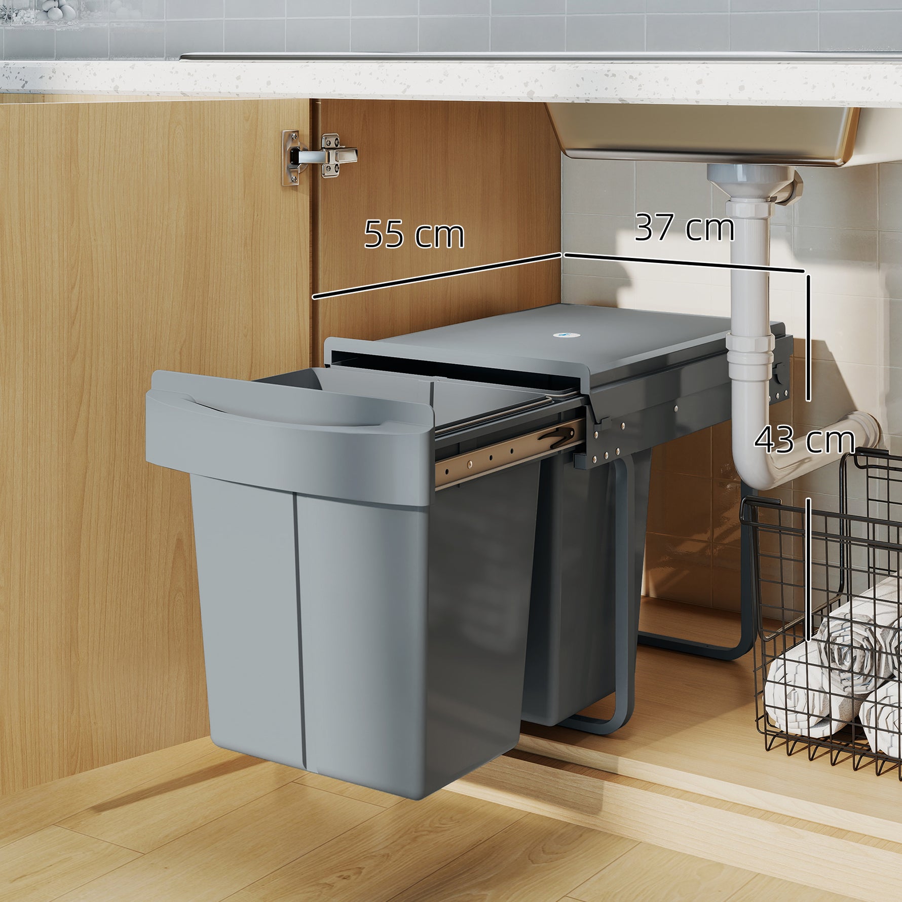Poubelle cuisine, poubelle sous évier coulissante encastrable avec 2 x 20 L compartiments amovibles, 52x33,5x41cm, gris