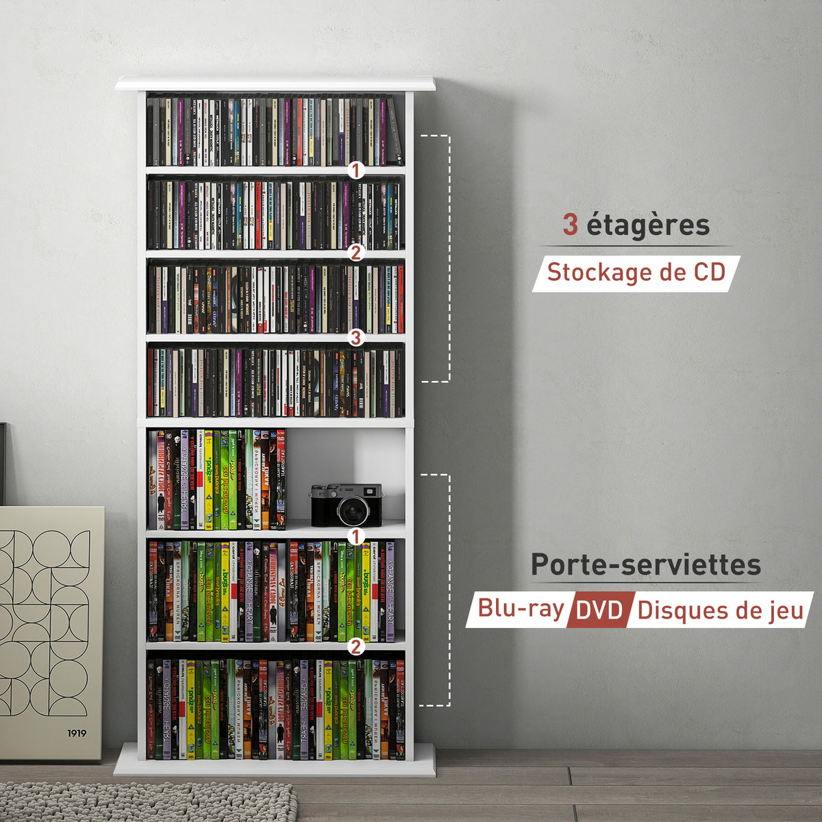 Rangements pour CD et DVD avec 8 compartiments et 6 étagères réglables, capacité max. 360 CD/185 DVD et Blu-ray, blanc