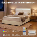 Lit Coffre 140 x 190 cm, LED RGB, Tête Réglable, Cadre de Lit Double Rembourré Velours, Rangement Hydraulique, Crème