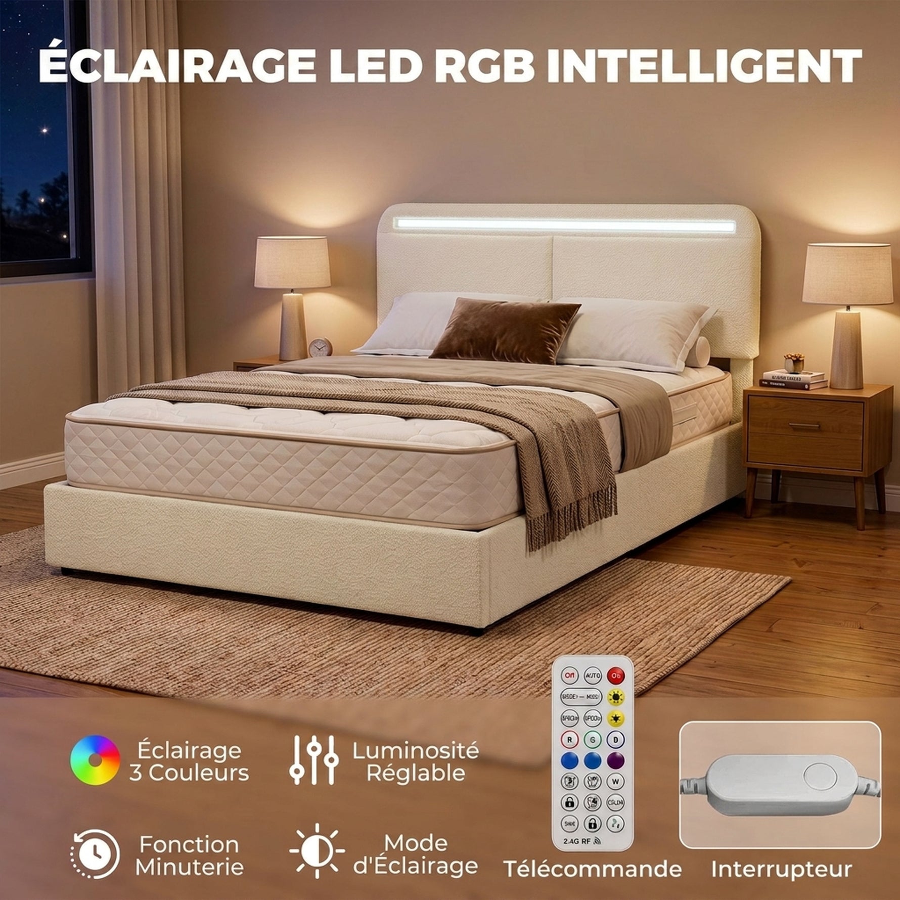 Lit Coffre 140 x 190 cm, LED RGB, Tête Réglable, Cadre de Lit Double Rembourré Velours, Rangement Hydraulique, Crème
