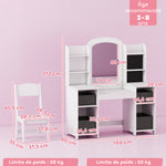 Coiffeuse pour enfants avec tabouret et miroir LED, table de maquillage pour 3 à 8 ans, 104 x 40 x 112 cm, blanc