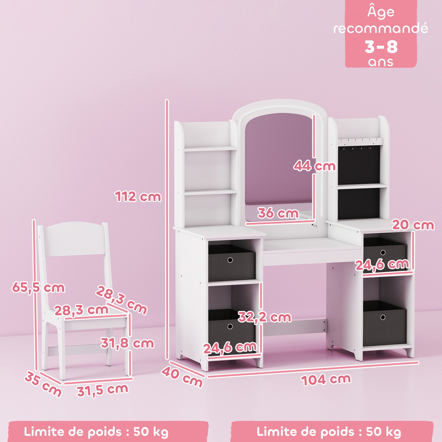 Coiffeuse pour enfants avec tabouret et miroir LED, table de maquillage pour 3 à 8 ans, 104 x 40 x 112 cm, blanc