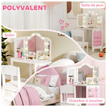 Coiffeuse enfant 2 en 1 avec tabouret miroir triptyque et lumières LED bicolores  93,6 x 48,5 x 111,5 cm blanc