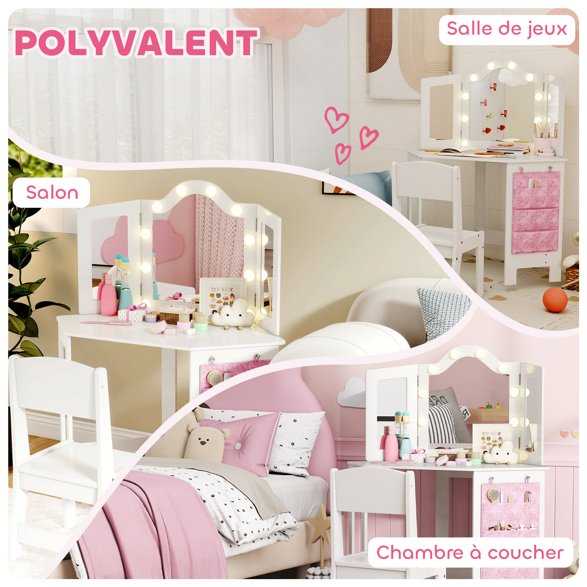 Coiffeuse enfant 2 en 1 avec tabouret miroir triptyque et lumières LED bicolores  93,6 x 48,5 x 111,5 cm blanc