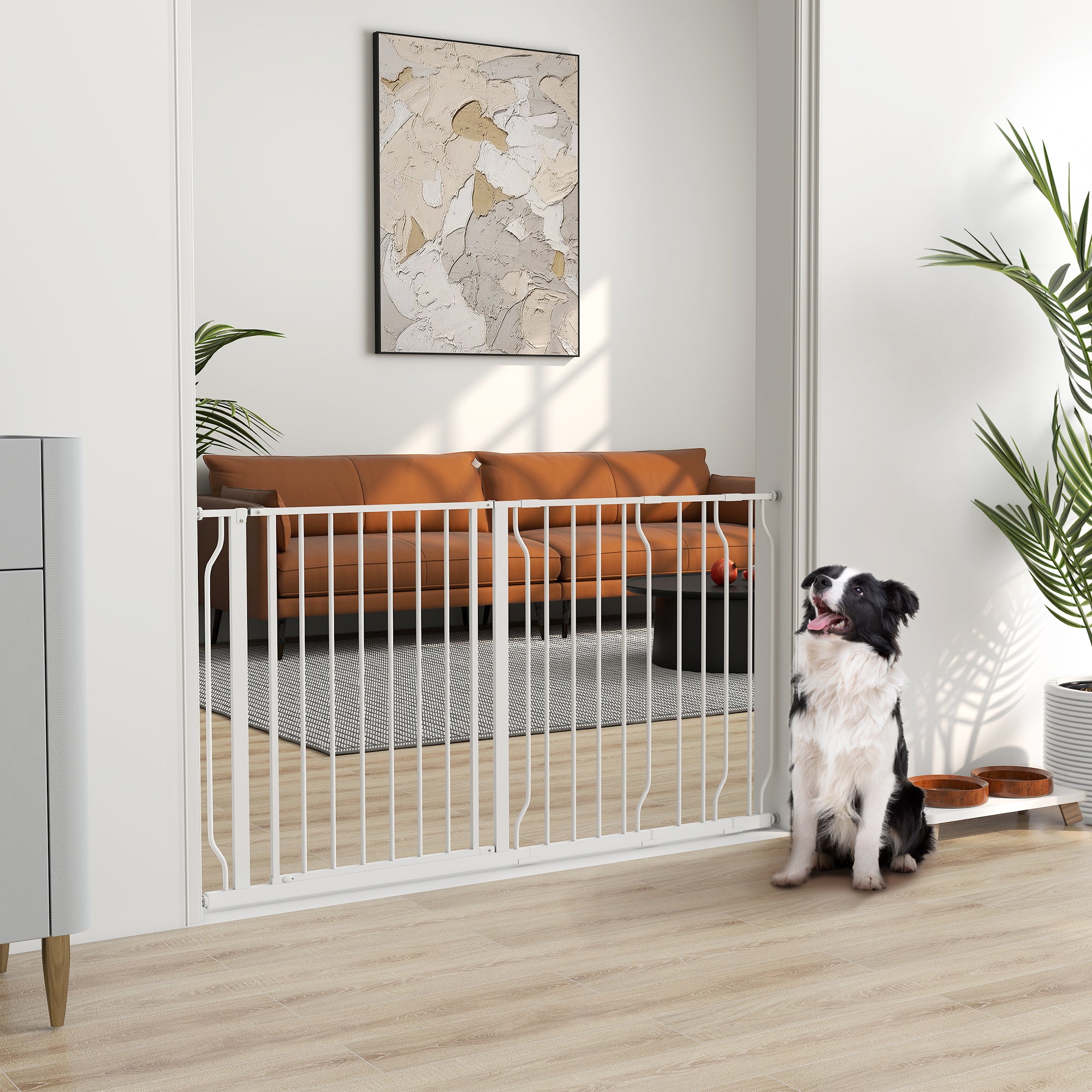 Barrière de sécurité chien barrière extensible 75-145 x 76 cm barrière escaliers couloirs portes sans perçage en acier et ABS blanc