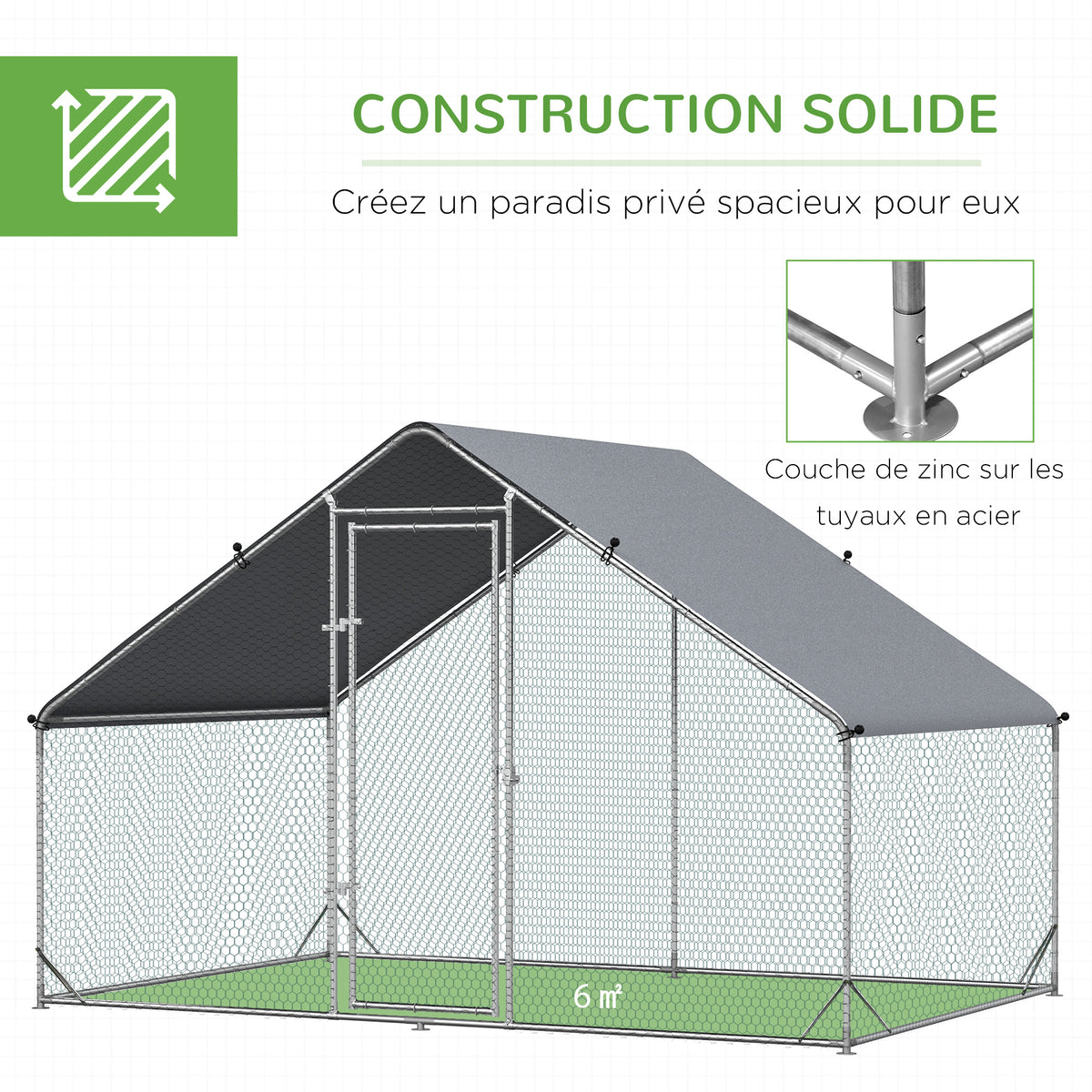 Enclos pour Poules XXL 6 m² - Grand Parcours Extérieur en Acier Galvanisé 3x2x2m - Volière de Jardin Anti-renard avec Bâche de Toit pour 4-6 Poules, Canards ou Lapins, Gris