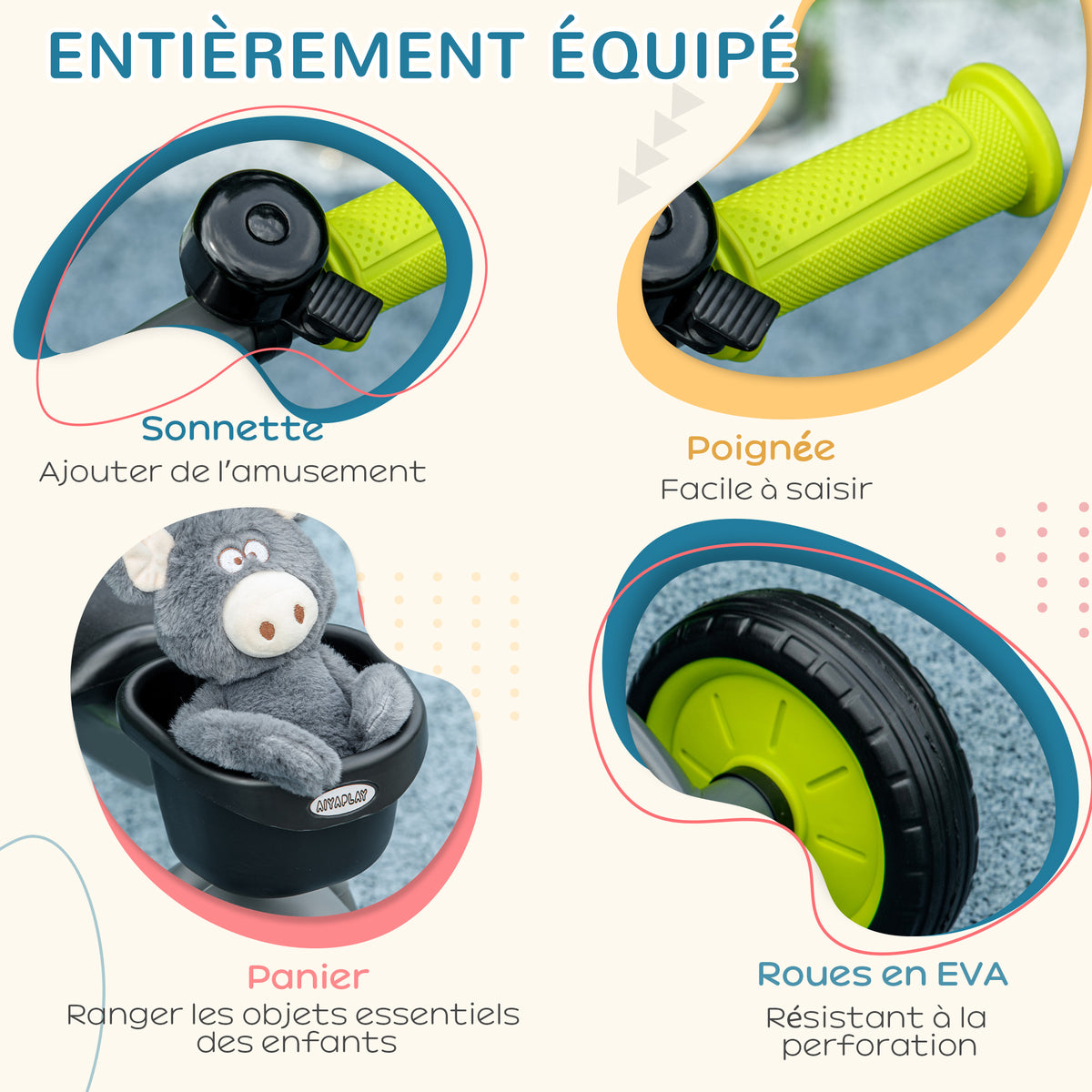 Tricycle enfants avec sonnette et panier selle réglable avec dossier - pour enfant de 2 à 5 ans noir