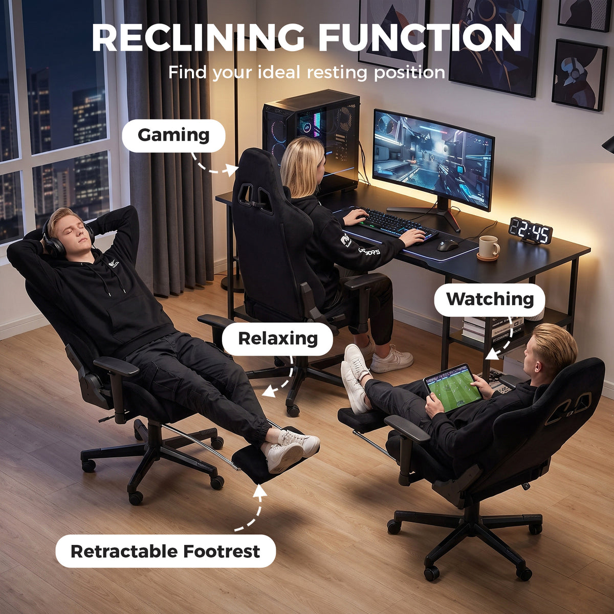 Ergonomische masserende gamestoel met verwarmd lendenkussen, kantelbare gaming-fauteuil van linnen, 3D-armleuningen, zwart