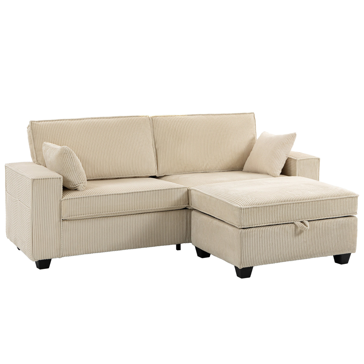 Canapé 3 Places avec Pouf de Rangement, Canapé d'Angle en Velours Côtelé, Assise Large, 2 Coussins, Beige