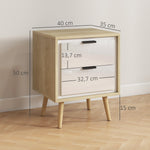Comodino stretto, tavolino d'appoggio con 2 cassetti silenziosi e gambe in legno massello, 40 x 35 x 50 cm, bianco lucido