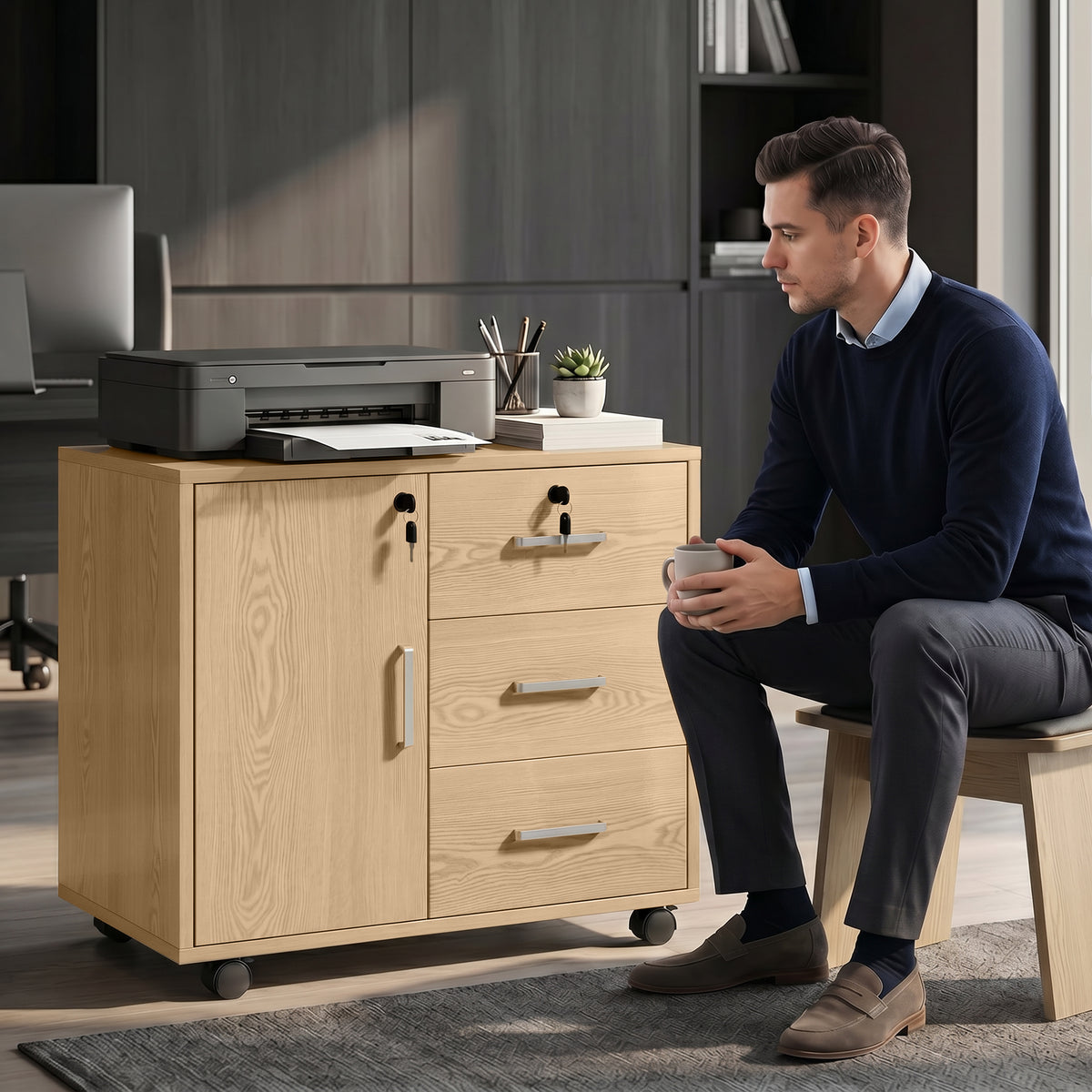 Caisson bureau meuble de rangement verrouillable avec 3 tiroirs et étagère réglable, roulettes, 40 x 60 x 56 cm, marron clair