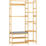 Bamboe halmeubel, kapstok, bank, gestoffeerde zitting, 10 haken, kledingroede, 104x33x175cm, naturel