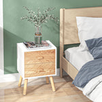 Chevet Table de Nuit Design scandinave 40L x 30l x 56H cm tiroirs Bois Massif pin MDF Blanc et hêtre Motif Graphique