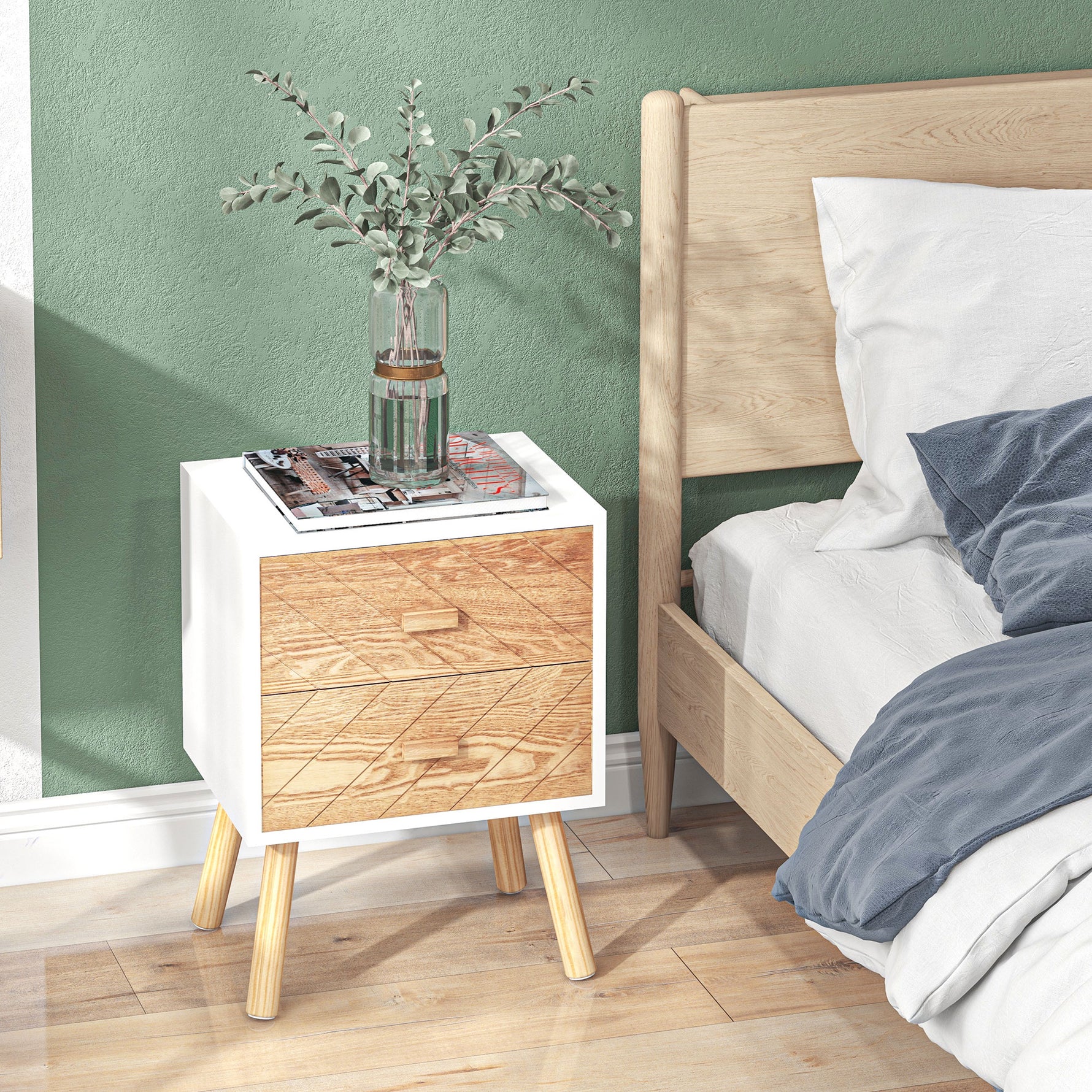 Chevet Table de Nuit Design scandinave 40L x 30l x 56H cm tiroirs Bois Massif pin MDF Blanc et hêtre Motif Graphique