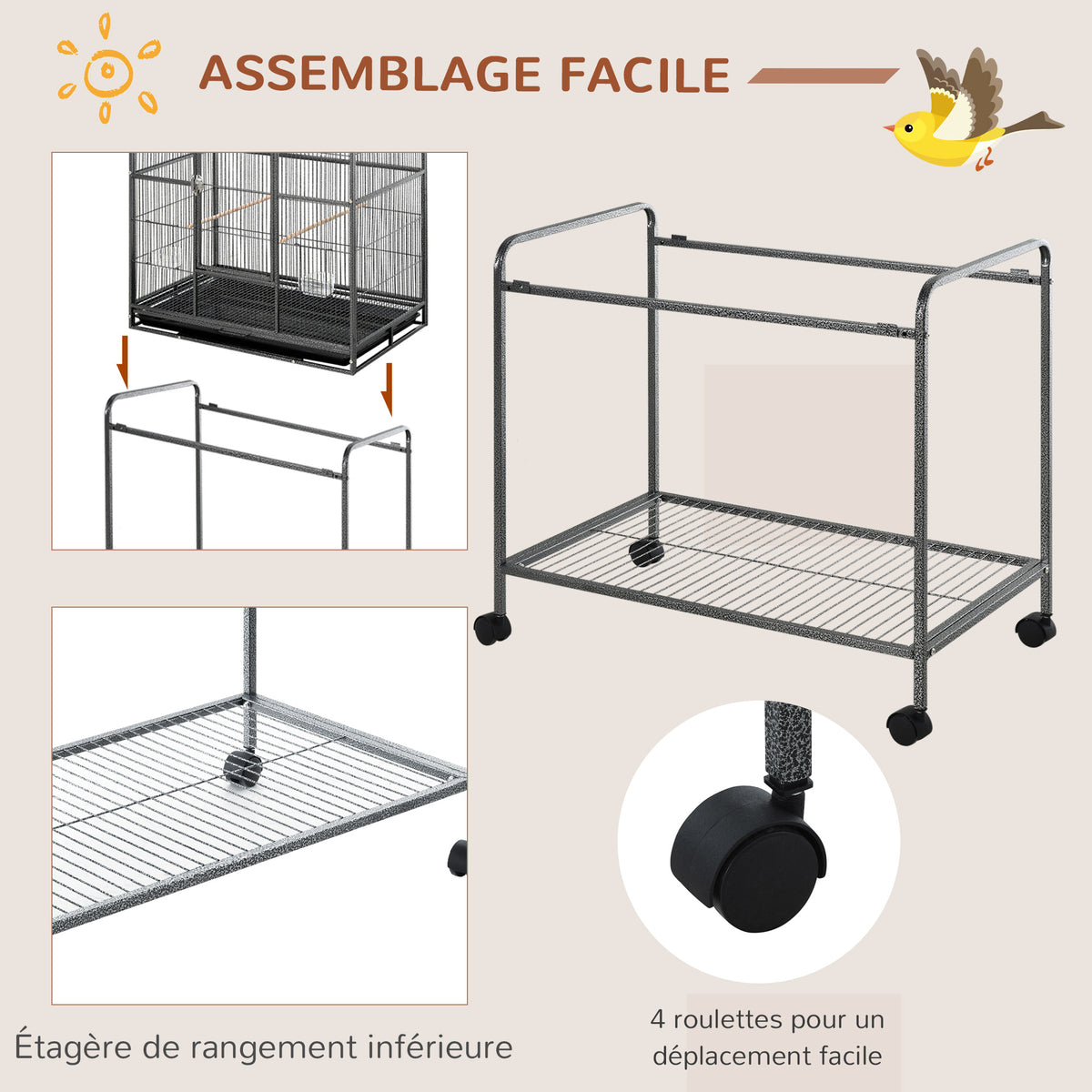 Gabbia per uccelli portatile con 4 mangiatoie e 4 posatoi, pratica, 81 x 48 x 162,5 cm, nero e grigio