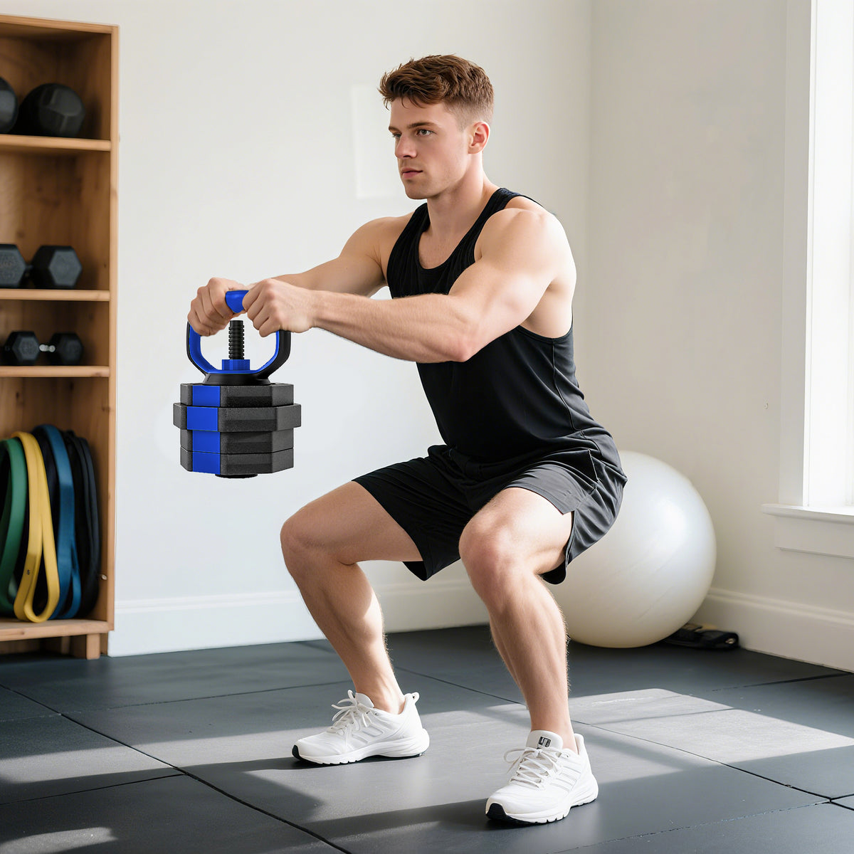 Ensemble d'haltères musculation 6-en-1 haltère réglable 20 kg kettlebell, barre de musculation support pour pompes bleu