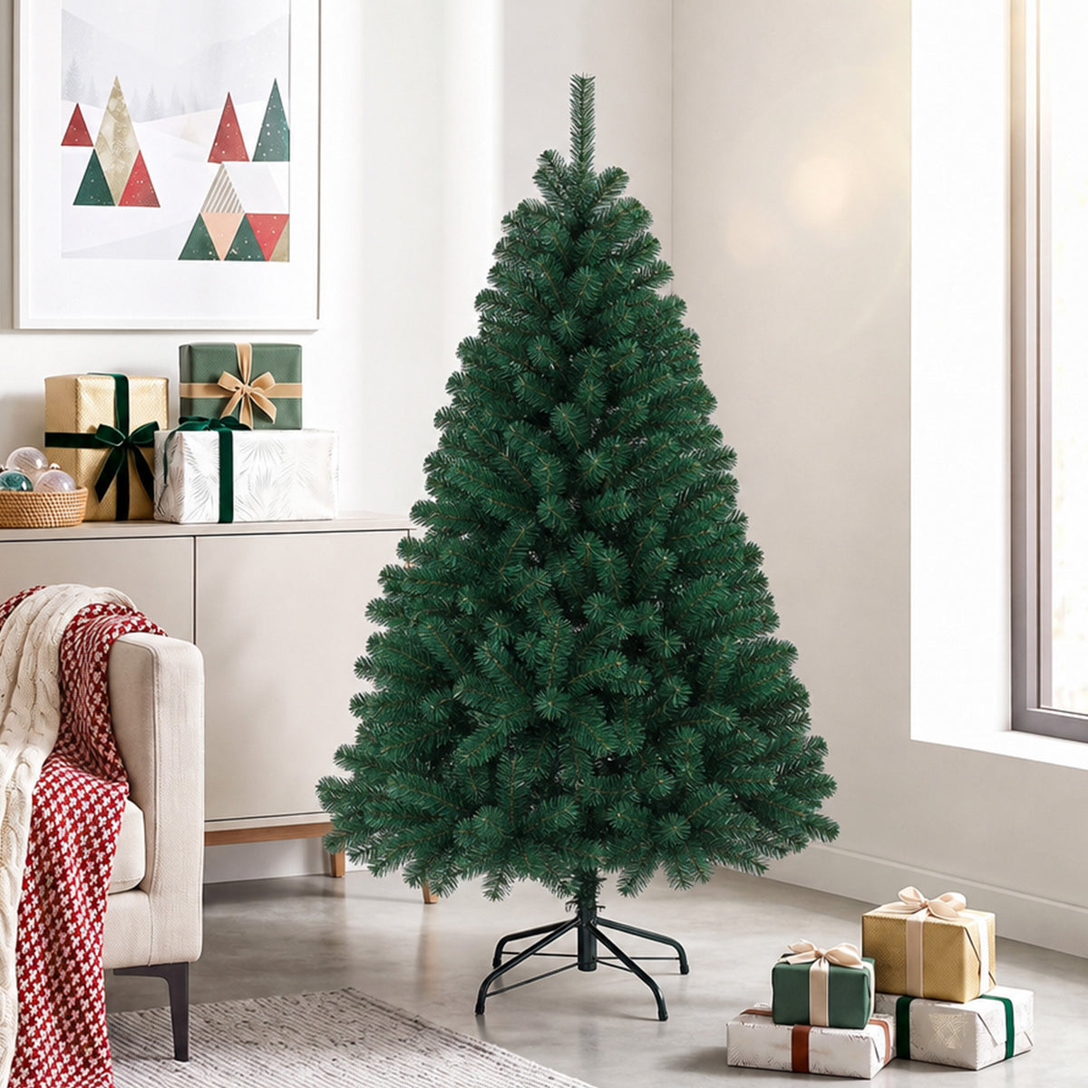 Sapin de Noël Artificiel 150 cm, Arbre de Noël avec 420 Pointes de Branches Articulées, Support Pliable en Acier, Vert